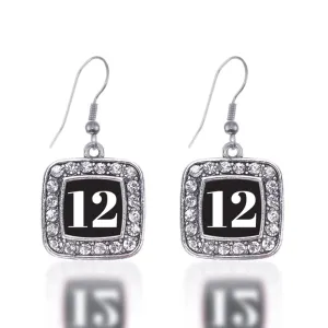 Silver Sport Number 12 Square Charm Dangle Earrings