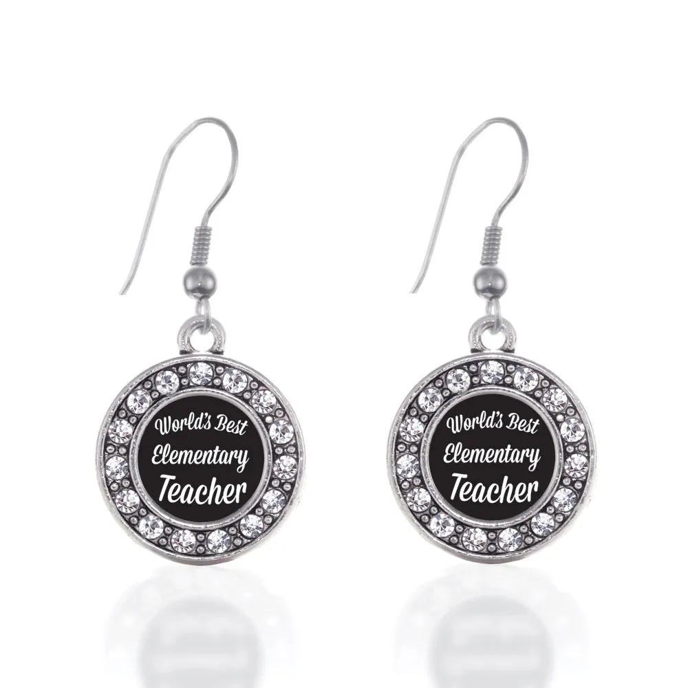 Silver World's Best Elementary School Teacher Circle Charm Dangle Earrings