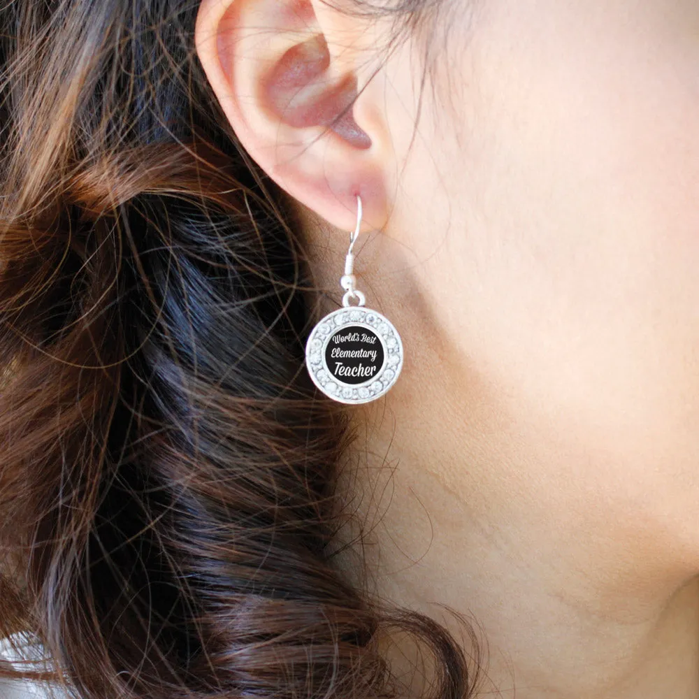 Silver World's Best Elementary School Teacher Circle Charm Dangle Earrings