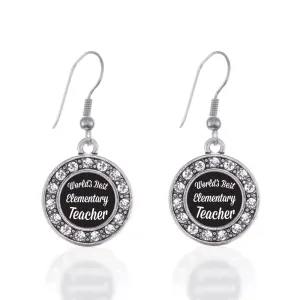 Silver World's Best Elementary School Teacher Circle Charm Dangle Earrings