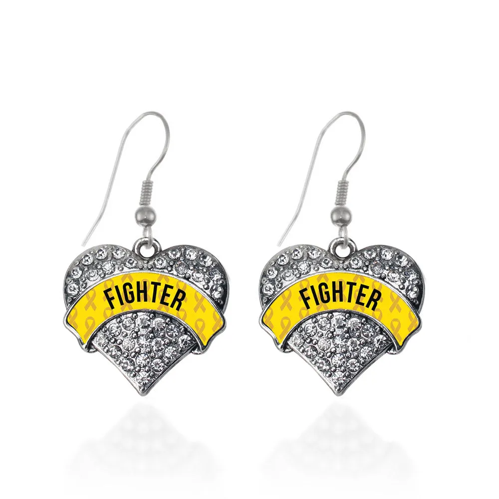 Silver Yellow Fighter Pave Heart Charm Dangle Earrings