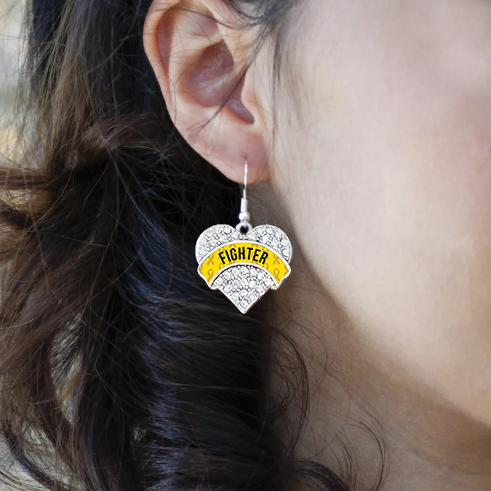 Silver Yellow Fighter Pave Heart Charm Dangle Earrings
