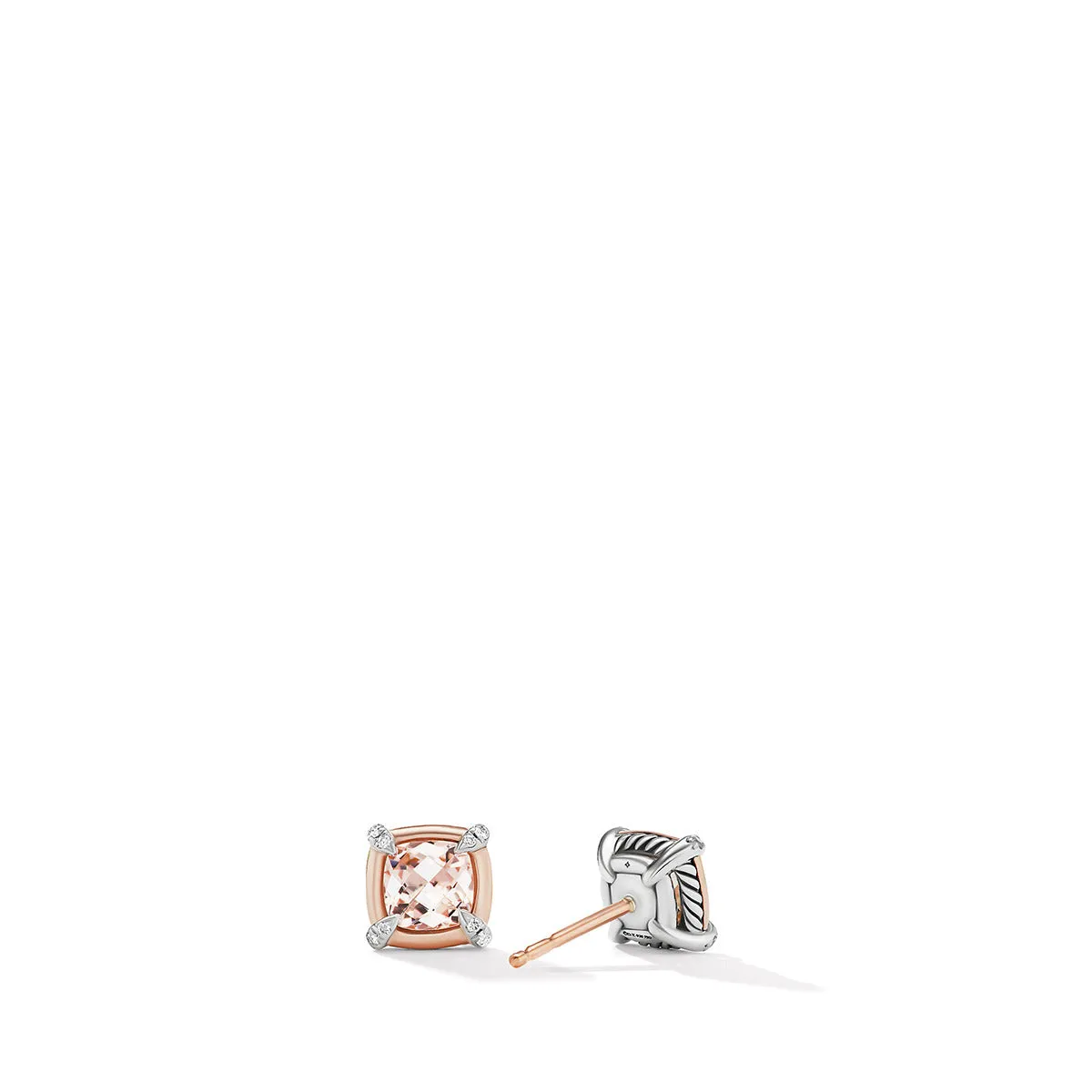 Stud Earrings with Morganite, 18K Rose Gold Bezel and Pave Diamonds