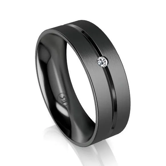 The Black Zirconium Grooved White Diamond Wedding Ring