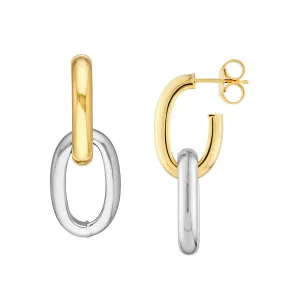 Two-Tone Dangle Oval Hoop Earrings - 14K Yellow & White Gold - by Dazyle