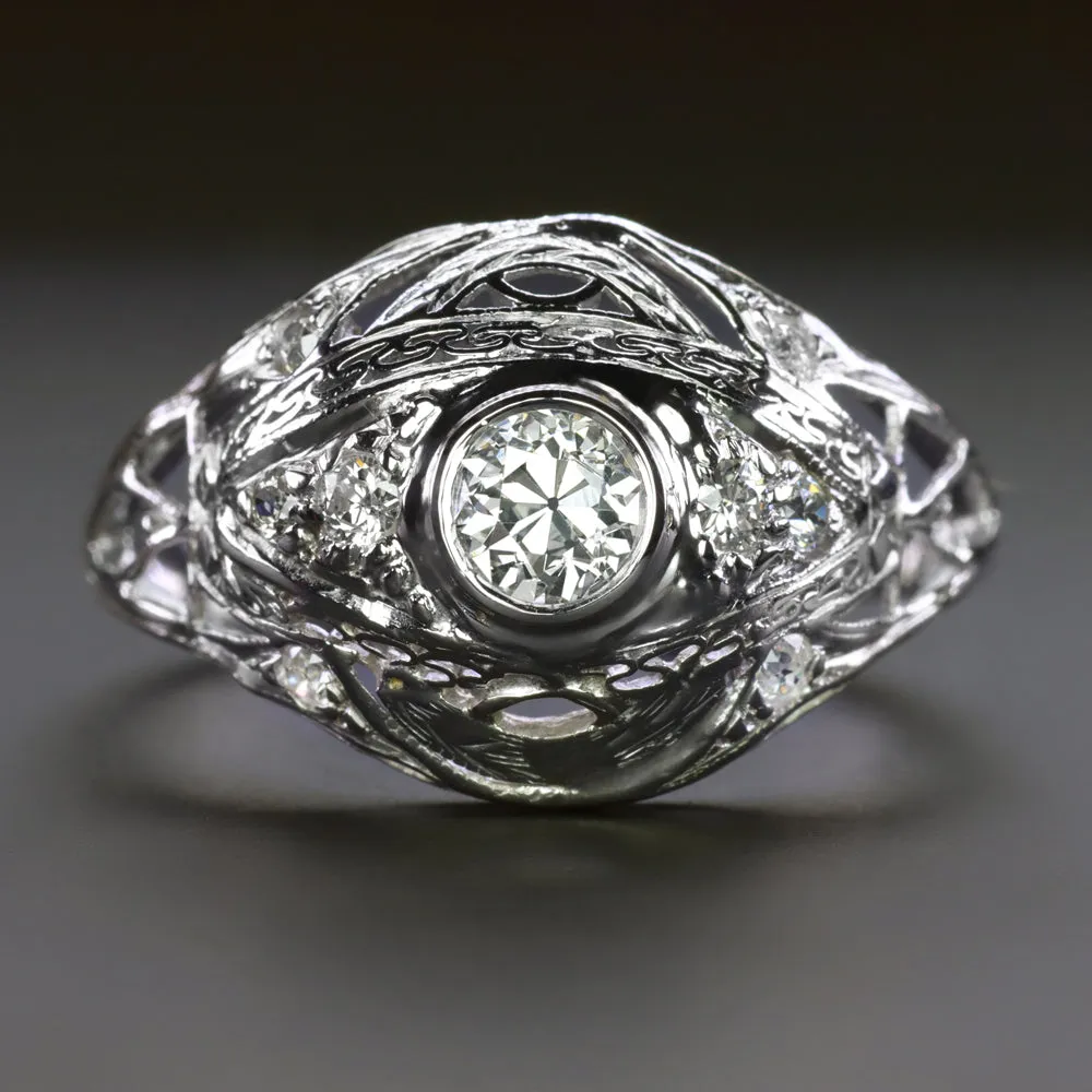VINTAGE DIAMOND COCKTAIL RING PLATINUM OLD EUROPEAN CUT DOME FILIGREE ART DECO